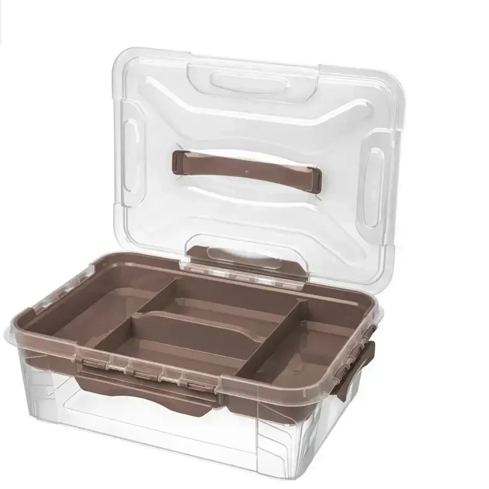 Контейнер для хранения с крышкой, ручками-защелками и вставкой- органайзером «GRAND BOX», коричневый, 39*29*12,4 см, 10л