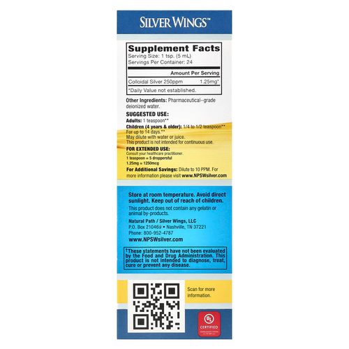 Natural Path Silver Wings, Коллоидное серебро, 250 част. / Млн, 120 мл (4 жидк. унц.)