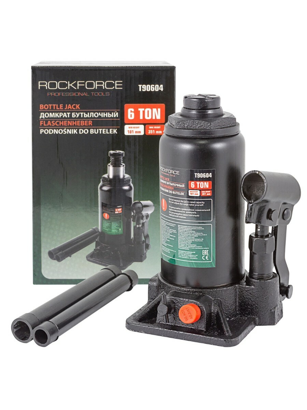 Домкрат бутылочный 6т с клапаном (h min 181мм,h max 351мм) RockForce##Rock FORCE RF-T90604(DS)