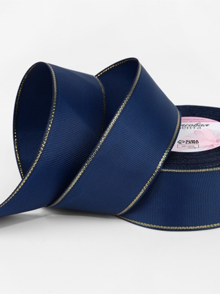 Лента репсовая, с золотым люрексом, 40 мм, тёмно-синяя №038, 10508045
