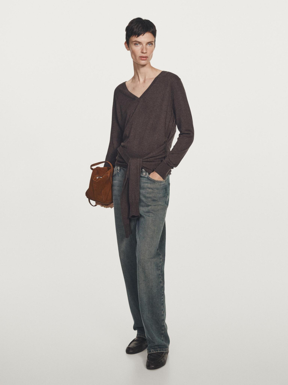 Massimo Dutti Трикотажный свитер с многофункциональными рукавами, коричневый