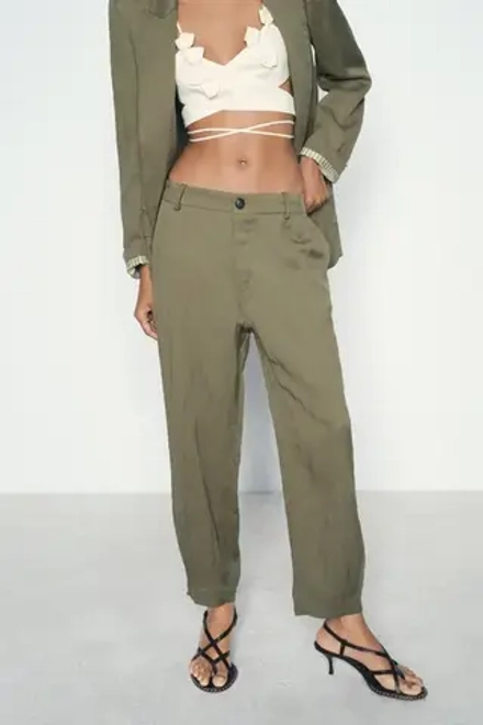 ZARA ШАРОВАРЫ ИЗ ЖАТОЙ ТКАНИ, ХАКИ