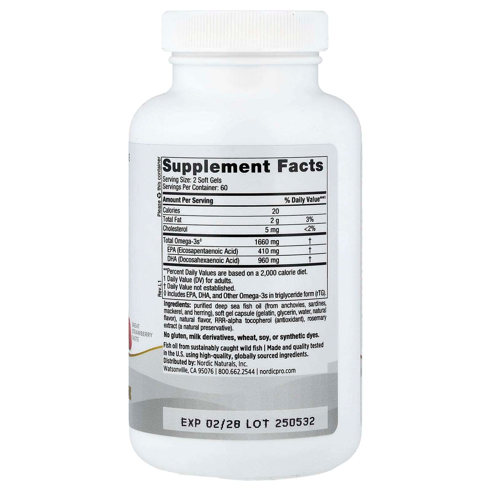 Nordic Naturals, ProDHA Xtra™, омега кислоты, клубника, 120 капсул
