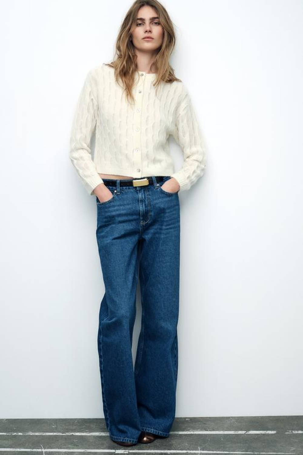 ZARA КАРДИГАН ИЗ СМЕСОВОЙ ШЕРСТИ С ВОЛНИСТЫМ УЗОРОМ, ЭКРЮ