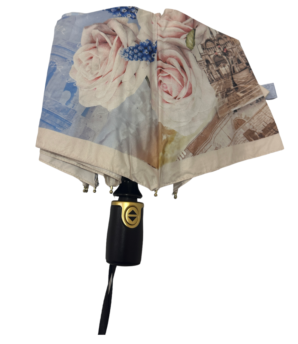 Зонт женский складной супер-автомат "ЭПОНЖ", расцветка - города  ("Три слона" - арт. L3850)