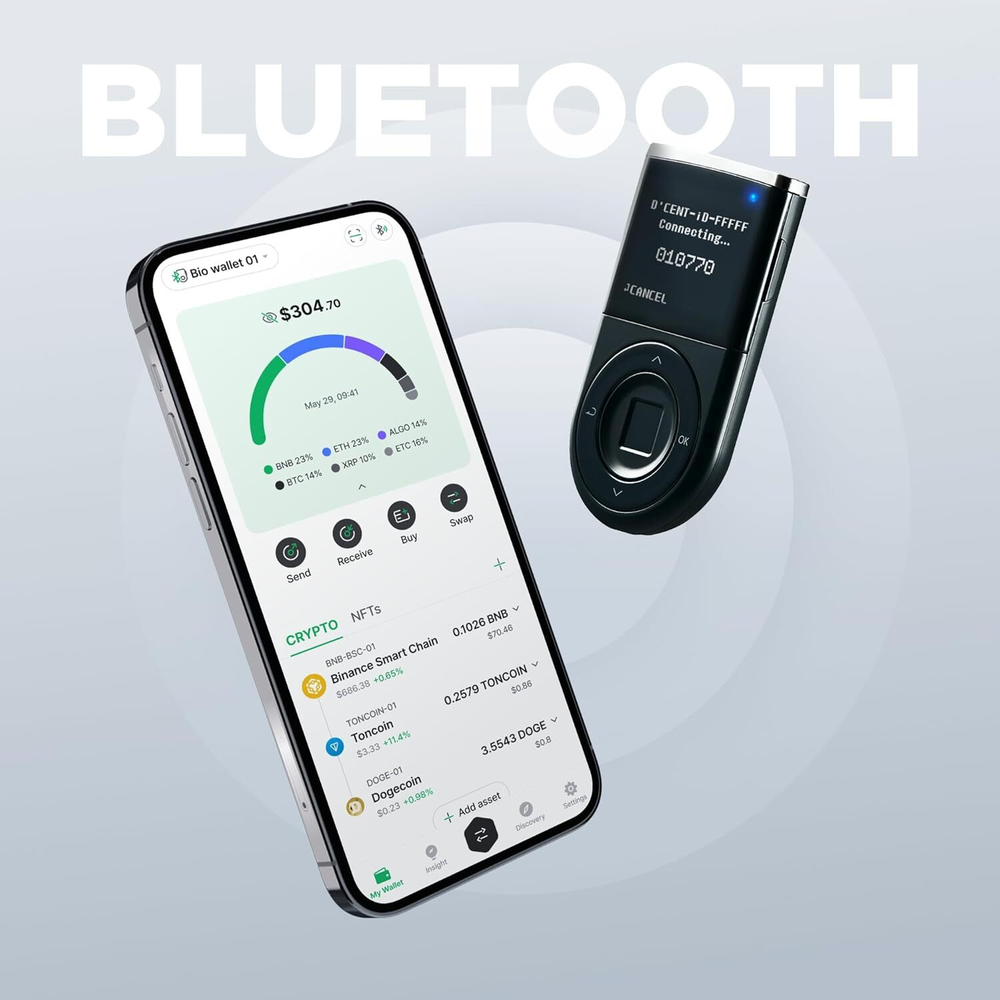D'CENT Biometric Wallet — Биометрический аппаратный кошелек с Bluetooth Холодное хранилище для Bitcoin, Ethereum, XRP, Solana и других активов