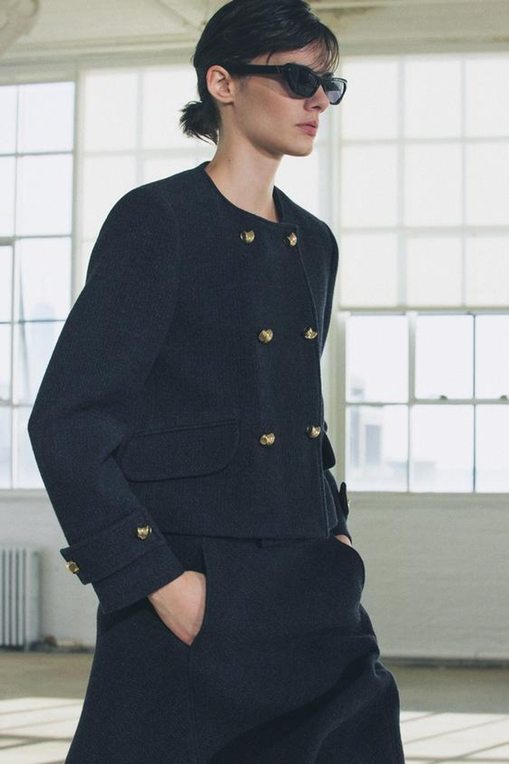 ZARA КАРДИГАН ИЗ СМЕСОВОЙ ШЕРСТИ С ПУГОВИЦАМИ — ZW COLLECTION, СЕРО-СИНИЙ