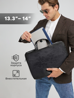 Сумка для ноутбука 13,3" и 14" с ремнем на плечо и 3 отделениями (Черная экокожа)