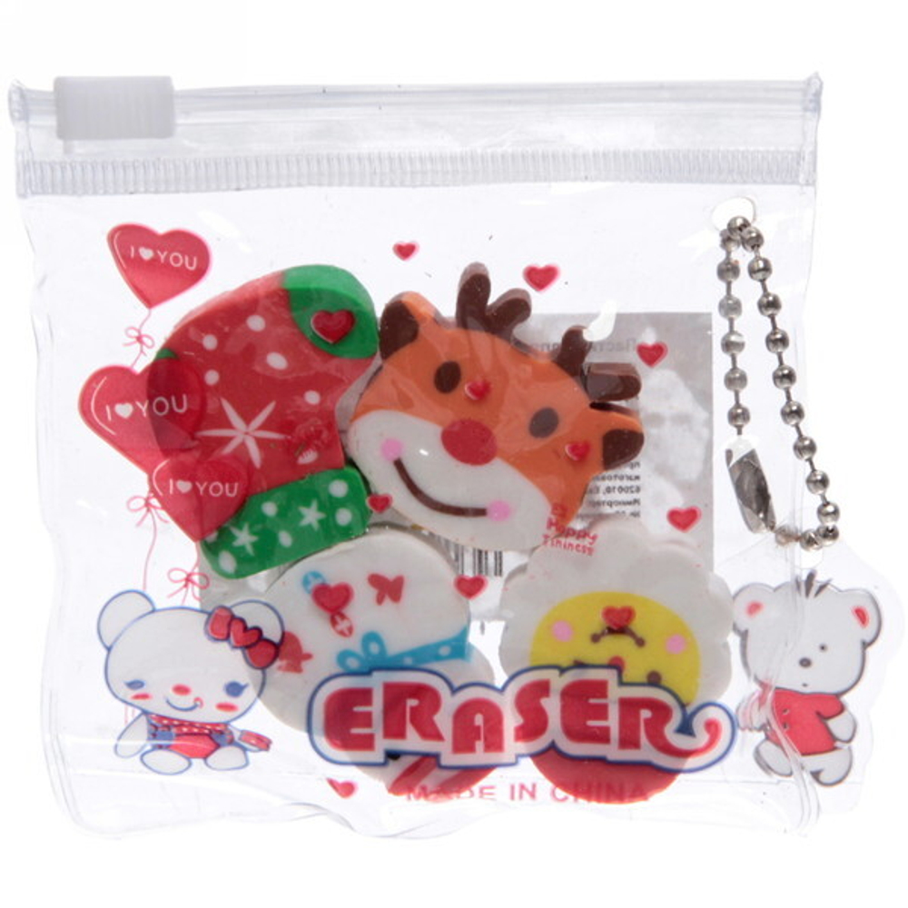 Ластики для карандашей 4шт «Новогодняя сказка», цвет микс, 7,5*7,5см