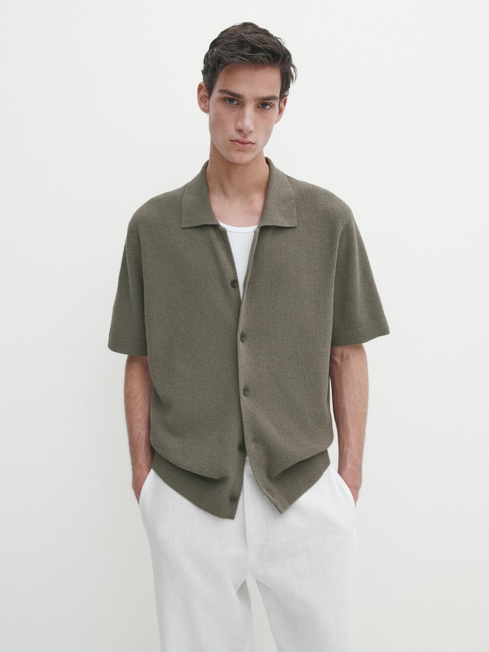 Massimo Dutti Кардиган с короткими рукавами и пуговицами, хаки