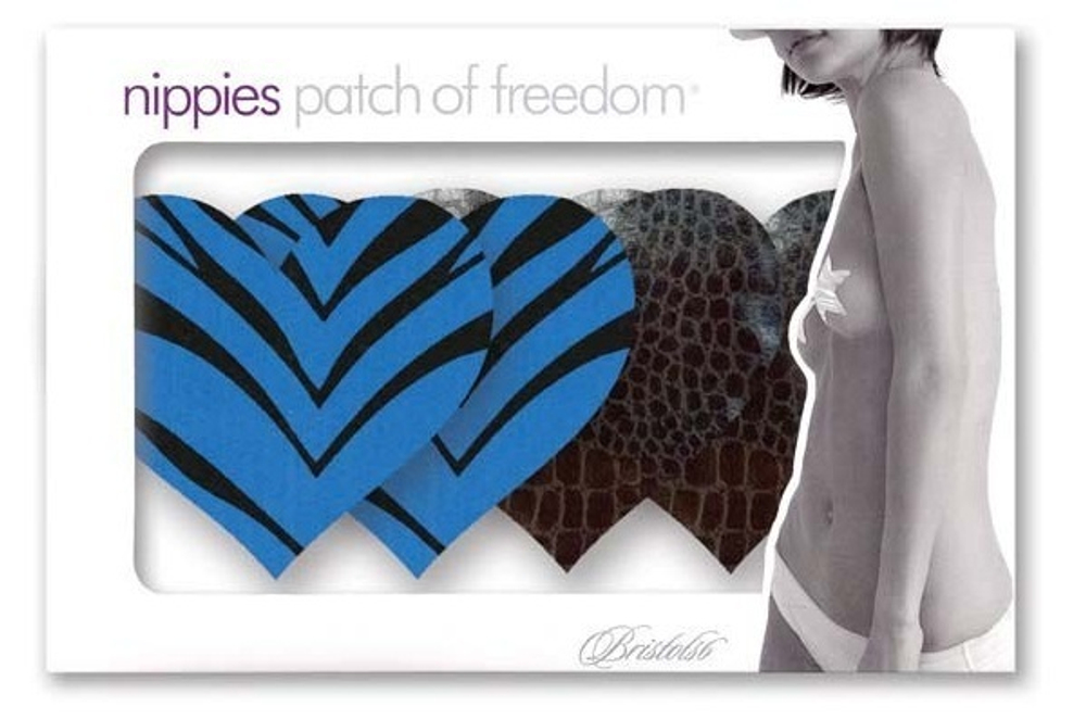 Комплект из 1 пары черных пэстис-сердечек под змеиную кожу и 1 пары синих пэстис-сердечек в полоску