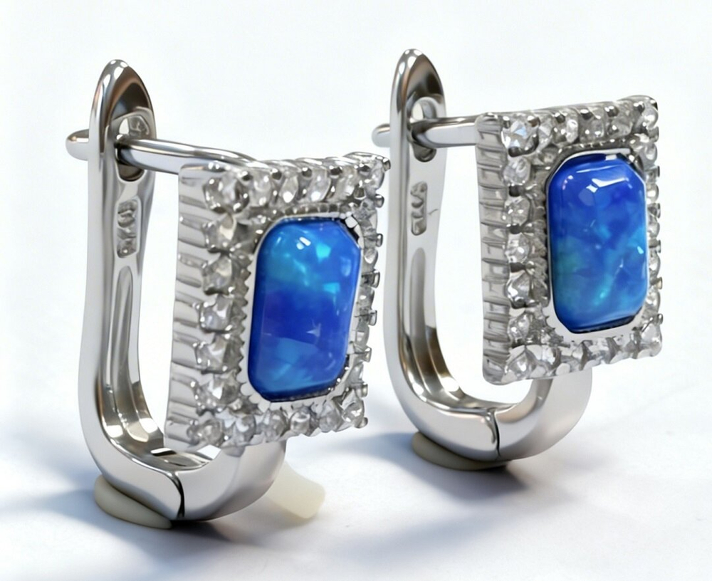 Ювелирные серьги из серебра 925 пробы с опалом и фианитами.