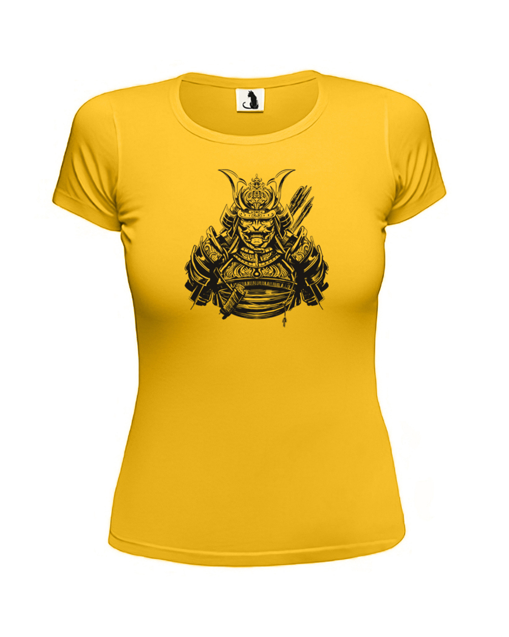 Футболка с воинствующим самураем женская желтая с черным рисунком
