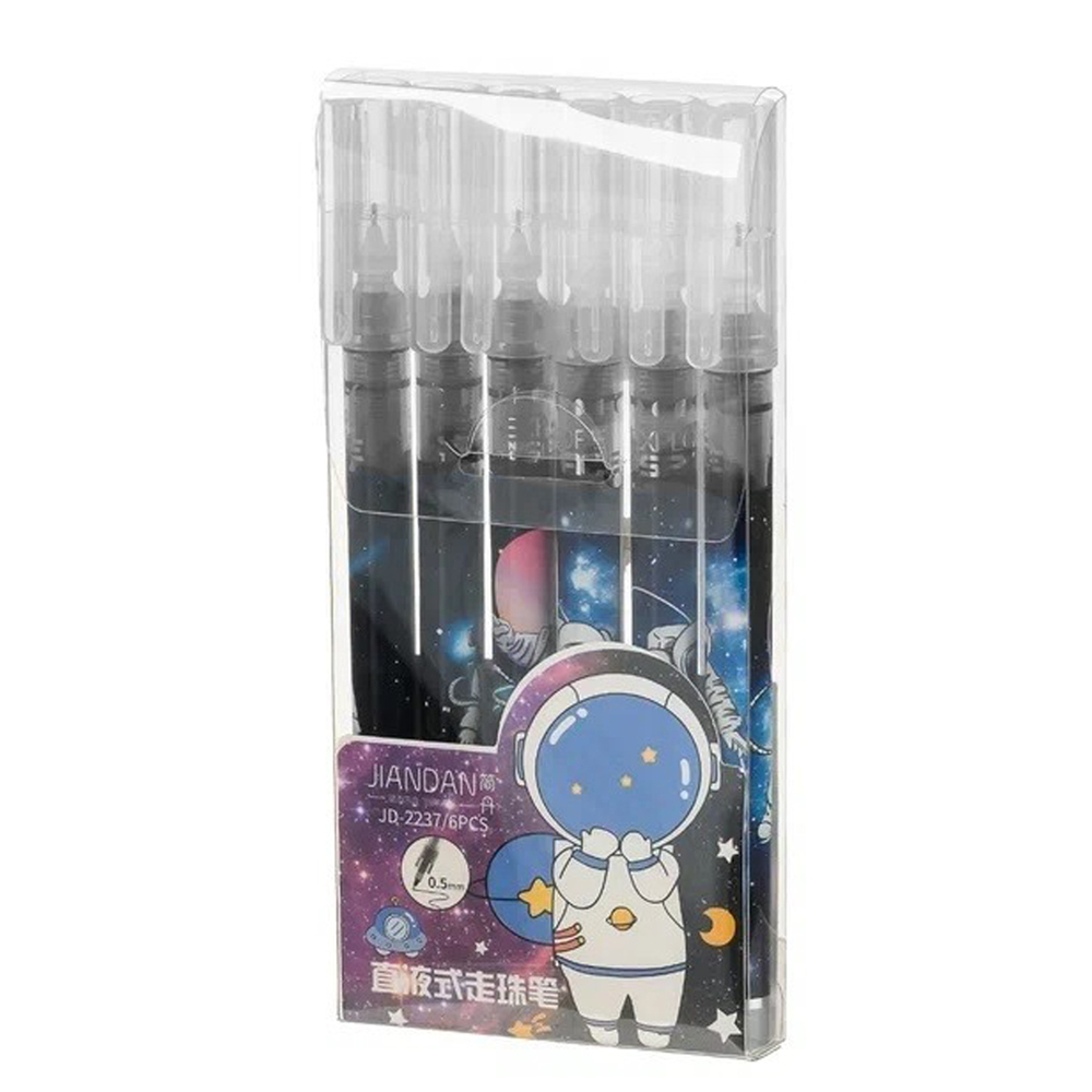 Набор черных ручек роллеров, 6 шт, Jiandan, детские гелевые ручки черного цвета с наконечником 0.5 мм, капиллярная одноразовая пластиковая, неавтоматическая с рисунком "Космонавт"