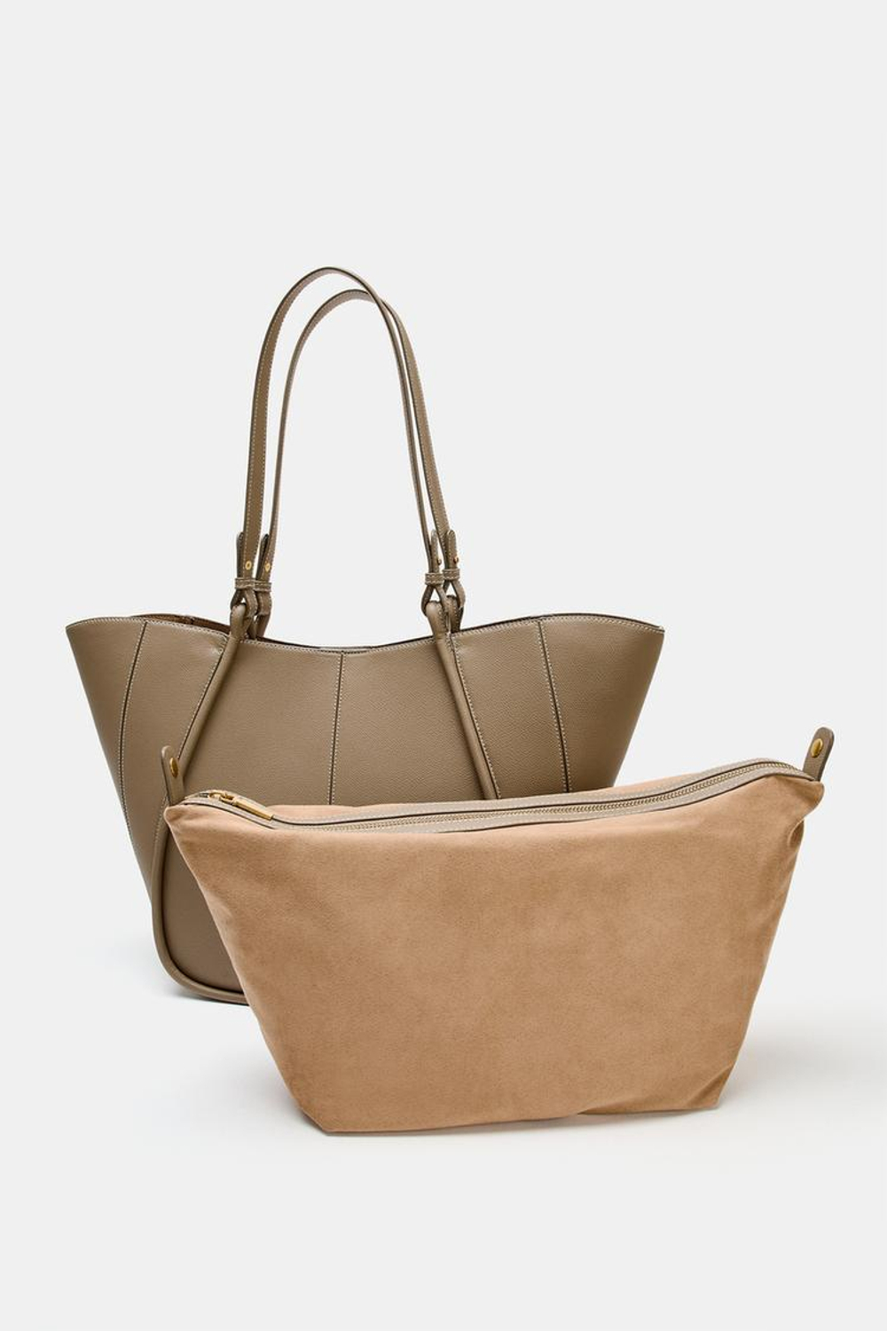 ZARA СУМКА-ШОПЕР С ДЕКОРАТИВНЫМИ РУЧКАМИ, СЕРО-КОРИЧНЕВЫЙ