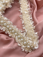 Тесьма твидовая белая с жемчугом и бисером