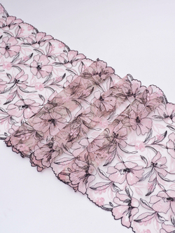 Вышивка на сетке телесная с нежно-розовым и черным неэластичная ширина 23 см