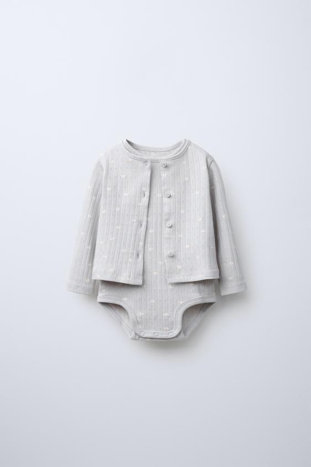 ZARA КОМПЛЕКТ ИЗ БОДИ И КАРДИГАНА С АЖУРНЫМ УЗОРОМ И ПРИНТОМ, СВЕТЛО-СЕРЫЙ