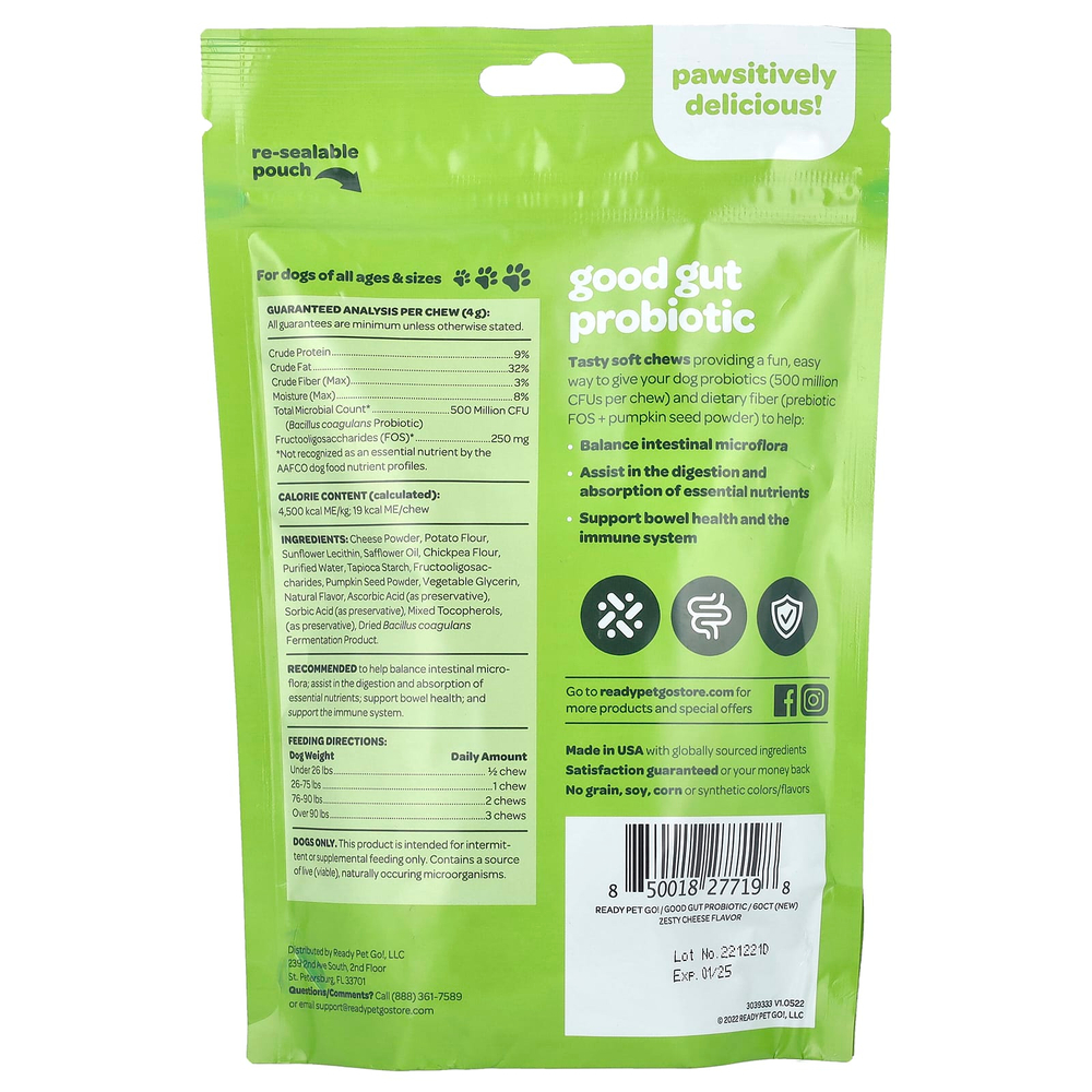 Ready Pet Go, Полезный пробиотик для кишечника, для собак, для всех возрастов, пикантный сыр, 60 жевательных таблеток, 240 г (8,5 унции)