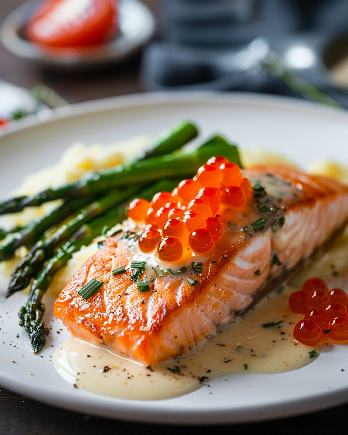 Запечённый лосось в сливочно-икорном соусе