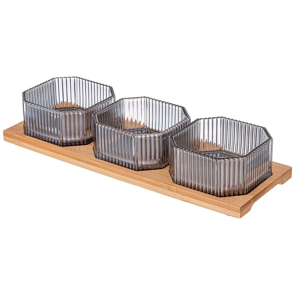 НАБОР ЕМКОСТЕЙ ИЗ 3-Х ШТУК "PERFO SMOKY" 8,5*4СМ НА БАМБУКОВОЙ ПОДСТАВКЕ