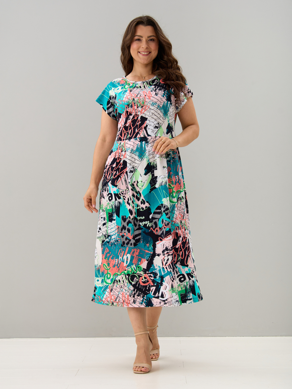 Платье П-026/бирюзаабстракция-надписи