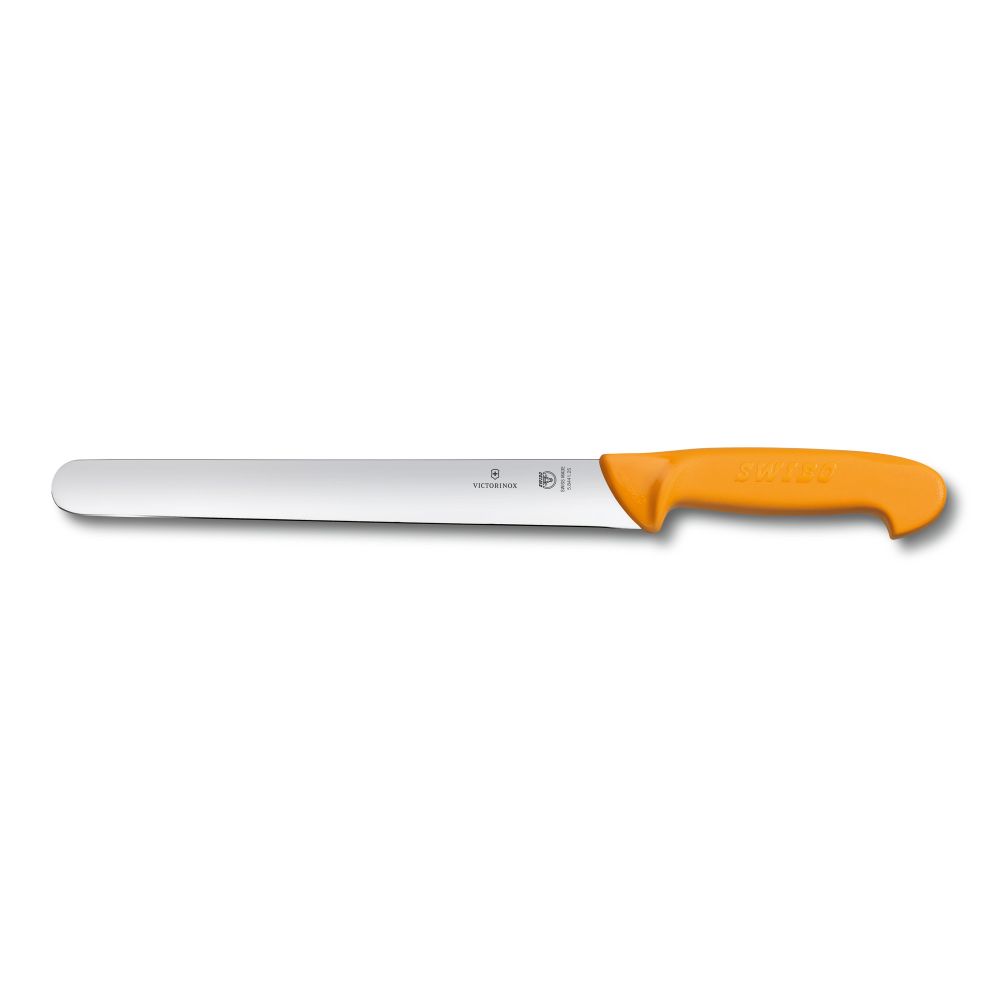 Фото нож для резания ломтиками VICTORINOX Swibo лезвие из нержавеющей стали шириной 30 мм с закруглённым кончиком 25 см рукоять из пластика жёлтого цвета с гарантией