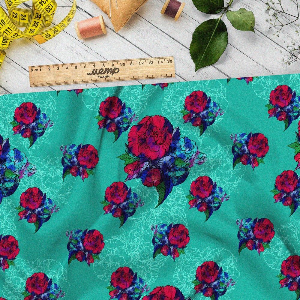 Ткань дюспо красно-синие цветы на бирюзовом