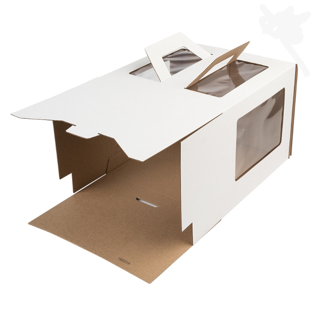 Коробка для торта белая 26*26*20 см, с ручками, окна