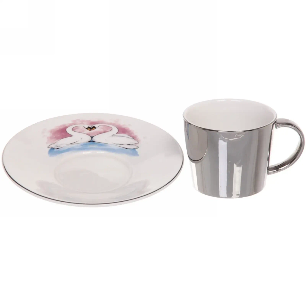 Чайная пара (зеркальная кружка 230мл+блюдце) анаморфный дизайн «Лебеди»
