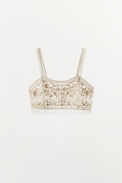 ZARA КОРОТКИЙ ТОП С ВЫШИВКОЙ — ZW COLLECTION, ЦВЕТ СЛОНОВОЙ КОСТИ