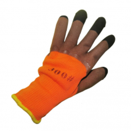 Перчатки нейлоновые с вспененным латексным покрытием (оранж. черный палец) 300#. (10пар) ЗТ-5561