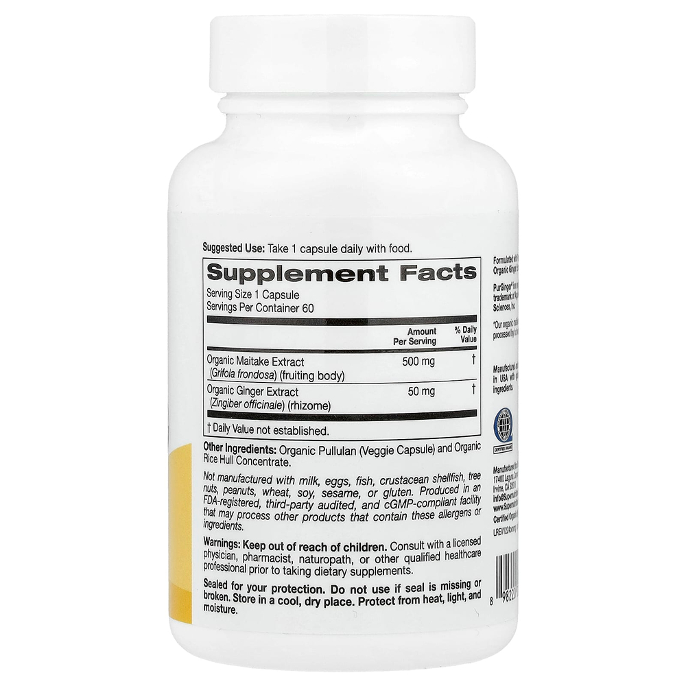 Super Nutrition, органический гриб-баран с имбирём, 60 вегетарианских капсул