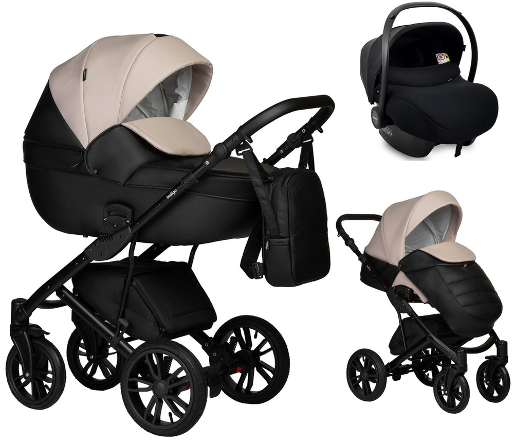 Детская коляска Indigo Mio Eco 3 в 1 с автокреслом Avionaut Cosmo 04 черная кожа+св.бежевая кожа