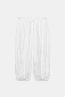 ZARA БРЮКИ-ШАРОВАРЫ С КРУЖЕВОМ — ZW COLLECTION, ЖЕЛТОВАТО-БЕЛЫЙ
