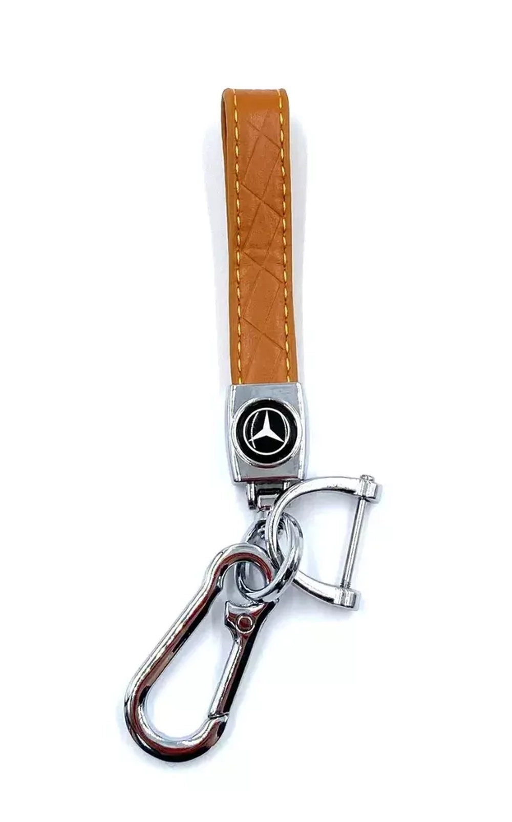 Брелок для ключей кожаный с эмблемой Mercedes с карабином (кожзам, рыжий цвет с желтой строчкой)
