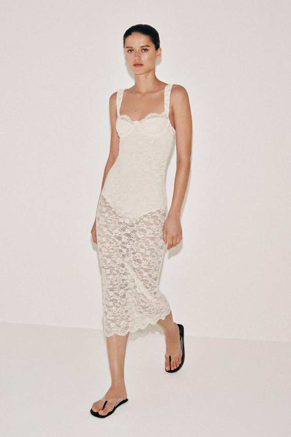 ZARA КРУЖЕВНОЕ ПЛАТЬЕ МИДИ, ЭКРЮ