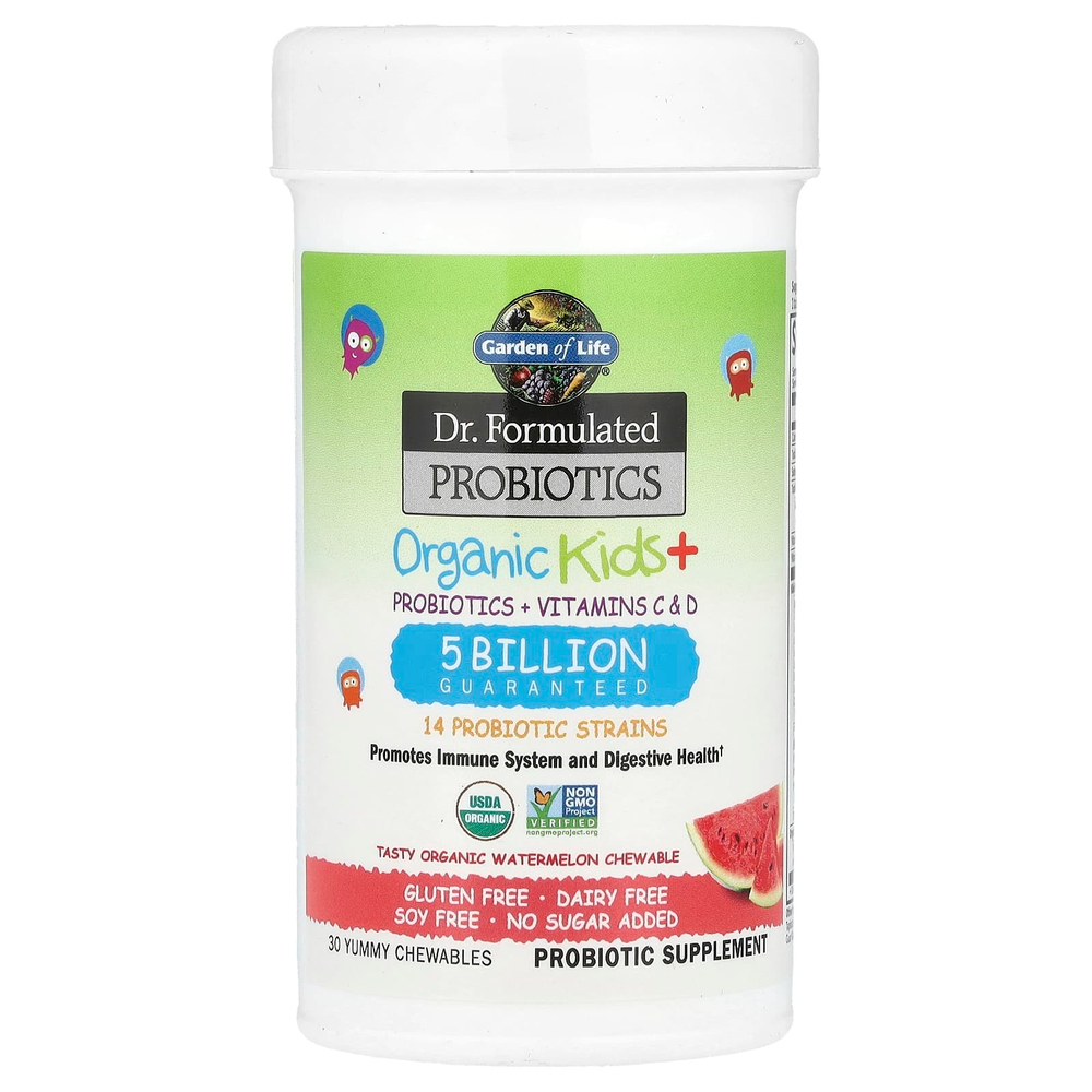 Garden of Life, Компания Dr. Formulated Probiotics, органические жевательные таблетки для детей, с пробиотиками и витаминами C и D, со вкусом органического арбуза, 30 вкусных жевательных таблеток