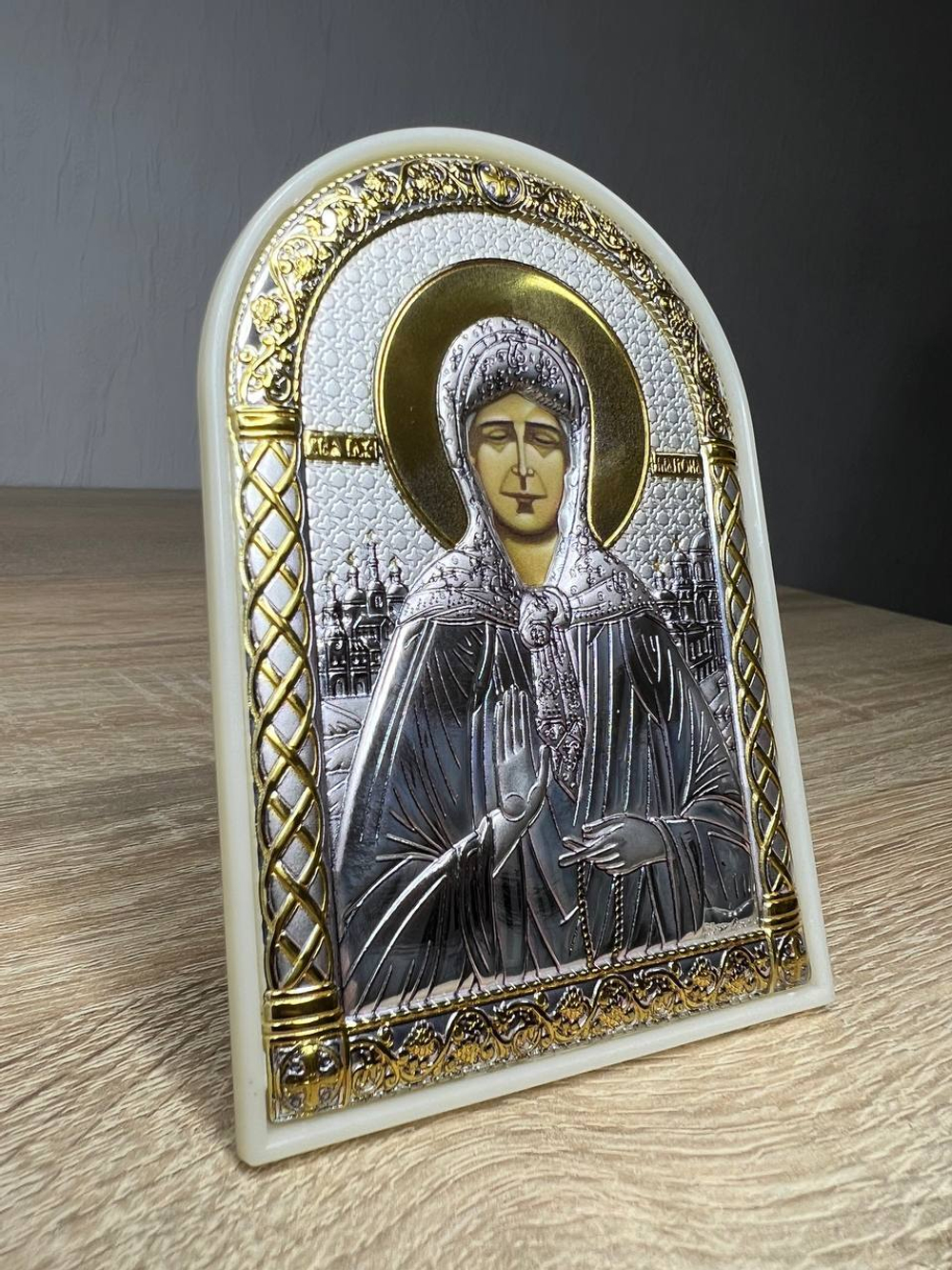 Матрона, икона арочная, пластик белый 80х115