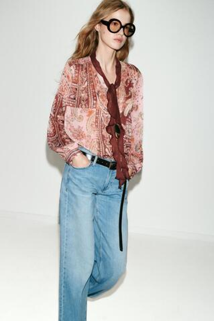 ZARA БЛУЗА С ПРИНТОМ И БАНТОМ, РАЗНОЦВЕТНЫЙ