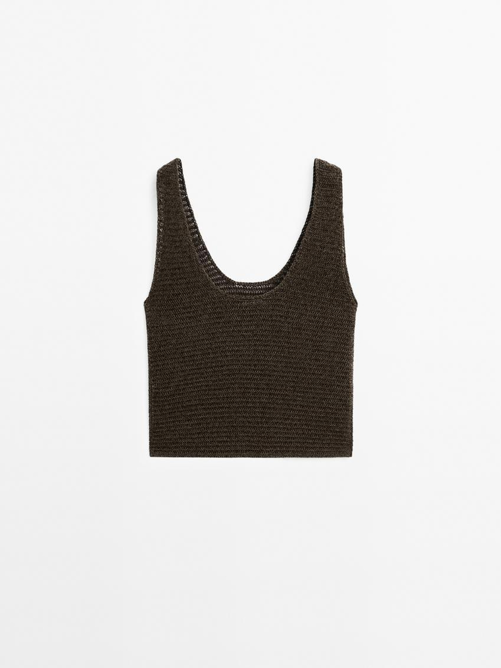 Massimo Dutti Трикотажный топ из смесового хлопка с круглым вырезом, зеленоватый