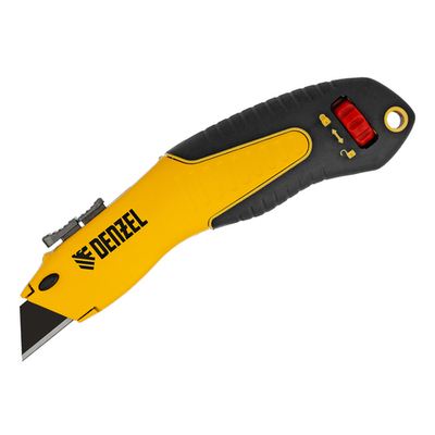 Нож, 19мм, сменное трапециевидное лезвие, SK4, алюминиевый корпус, торцевой зажим Denzel