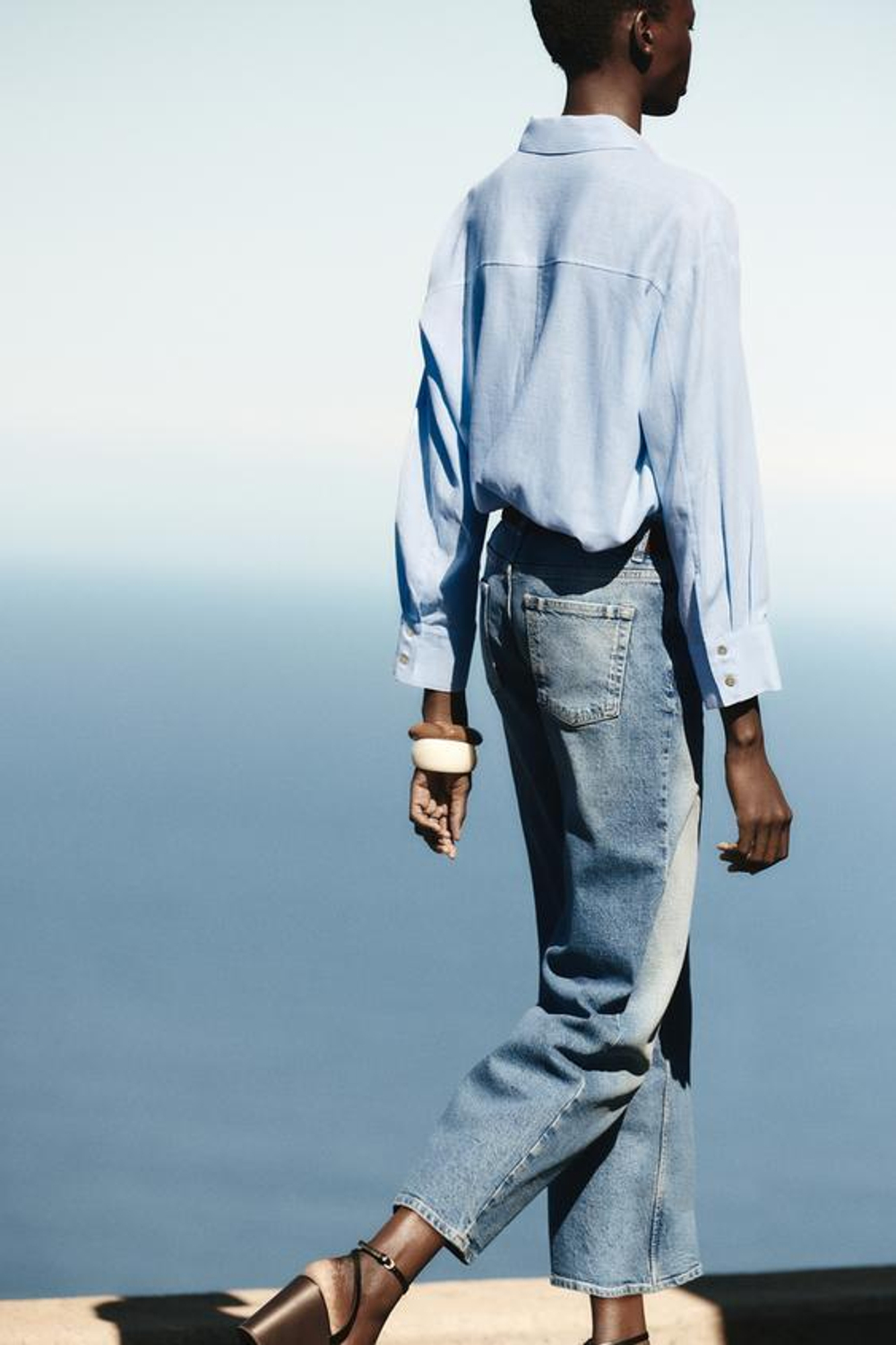 ZARA ДЖИНСЫ-КЮЛОТЫ Z1975 С ВЫСОКОЙ ПОСАДКОЙ И РЕМНЕМ, ВЫЦВЕТШИЙ СИНИЙ