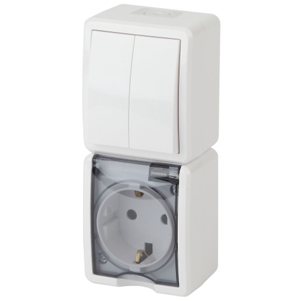 11-7408-01 ЭРА Блок розетка+выкл. двойн. верт. IP54, 16A(10AX)-250В, ОУ, Эра Эксперт, белый