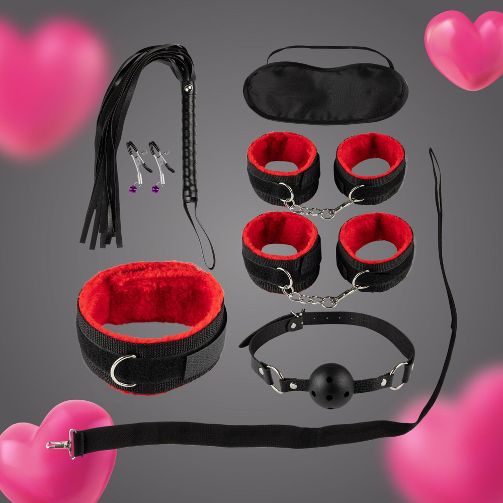 Набор из 8 черно-красных БДСМ-девайсов (Цвет: черный с красным)