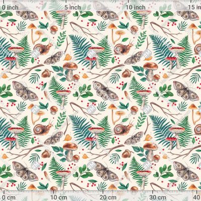 Акварельный лес с улиткой, мухоморами, мотыльком и папоротниками by Loft Bat 476 DPI