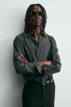 ZARA РУБАШКА СТРУЯЩЕГОСЯ ПОКРОЯ JACQUARD С ЦВЕТОЧНЫМ УЗОРОМ, АНТРАЦИТОВО-СЕРЫЙ