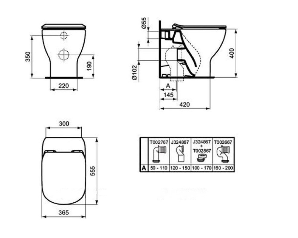 T007701 TESI AquaBlade® Напольный пристенный унитаз соло, горизонтальный выпуск (универсальный), глубокий смыв