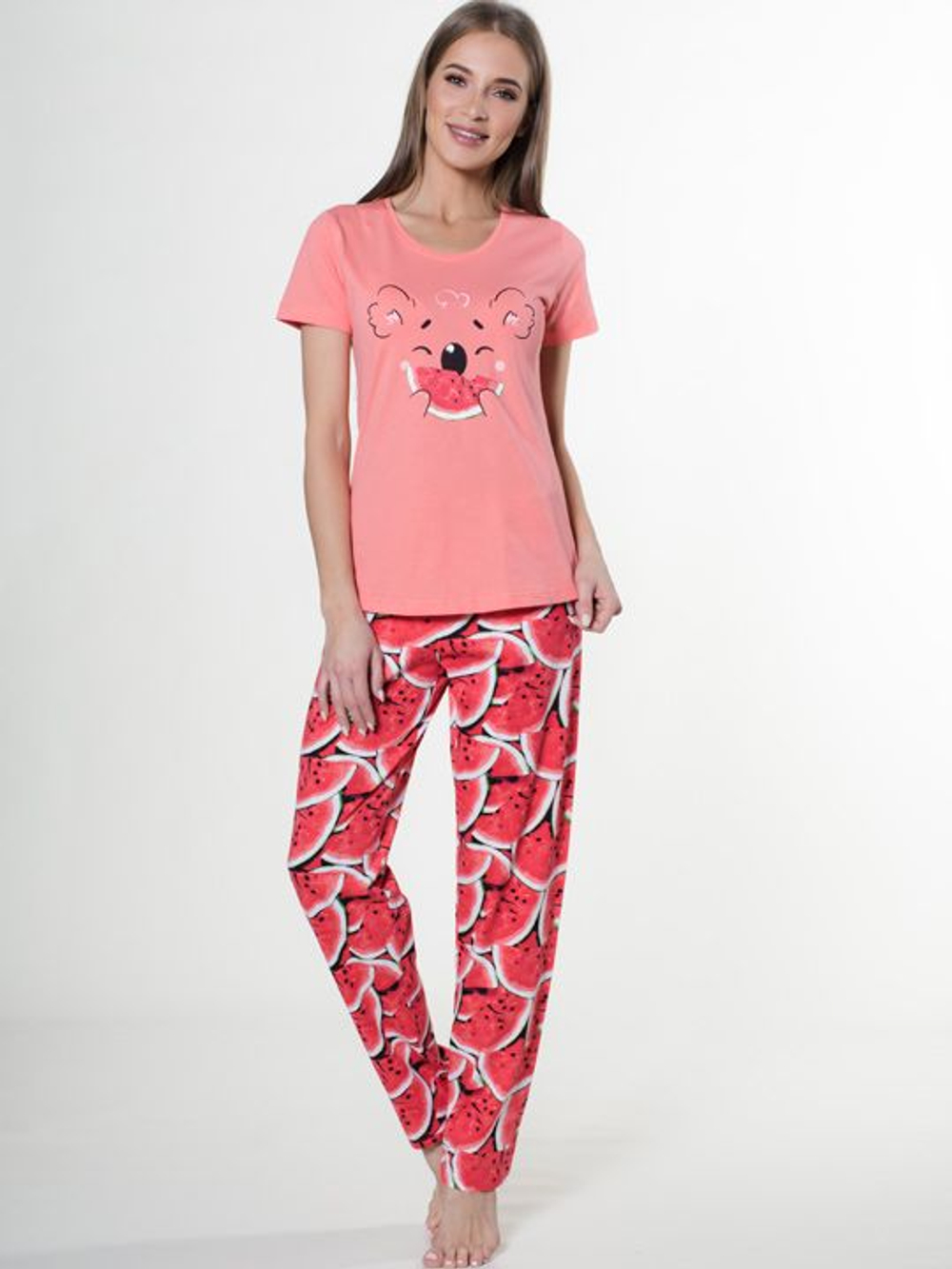 Яркий комплект с арбузами на брючках (Размер: L) (Цвет: коралловый)