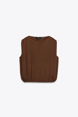 ZARA ТРИКОТАЖНЫЙ ТОП С ЭЛАСТИЧНЫМ НИЗОМ, ШОКОЛАДНЫЙ